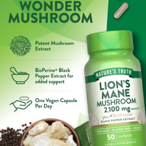 Nature's Truth, Lion's Mane(Aslan yelesi mantarı) Mushroom Plus BioPerine®, 2100 mg, 50 Capsules