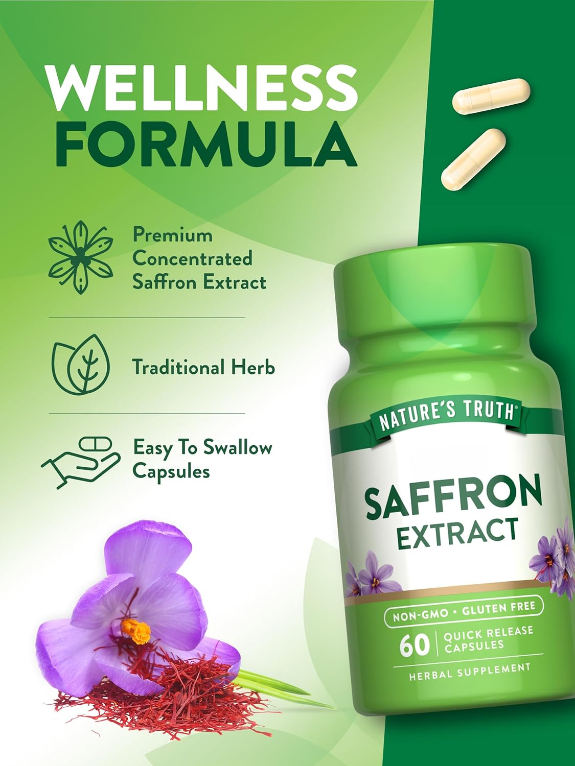 Nature's Truth Saffron Safran Extract Concentrated Extract | Non-GMO & Gluten Free 60 Caps - Görsel 2