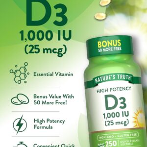 Nature’s Truth, High Potency Vitamin D3, 25 mcg (1000 IU), 250 Quick Softgels