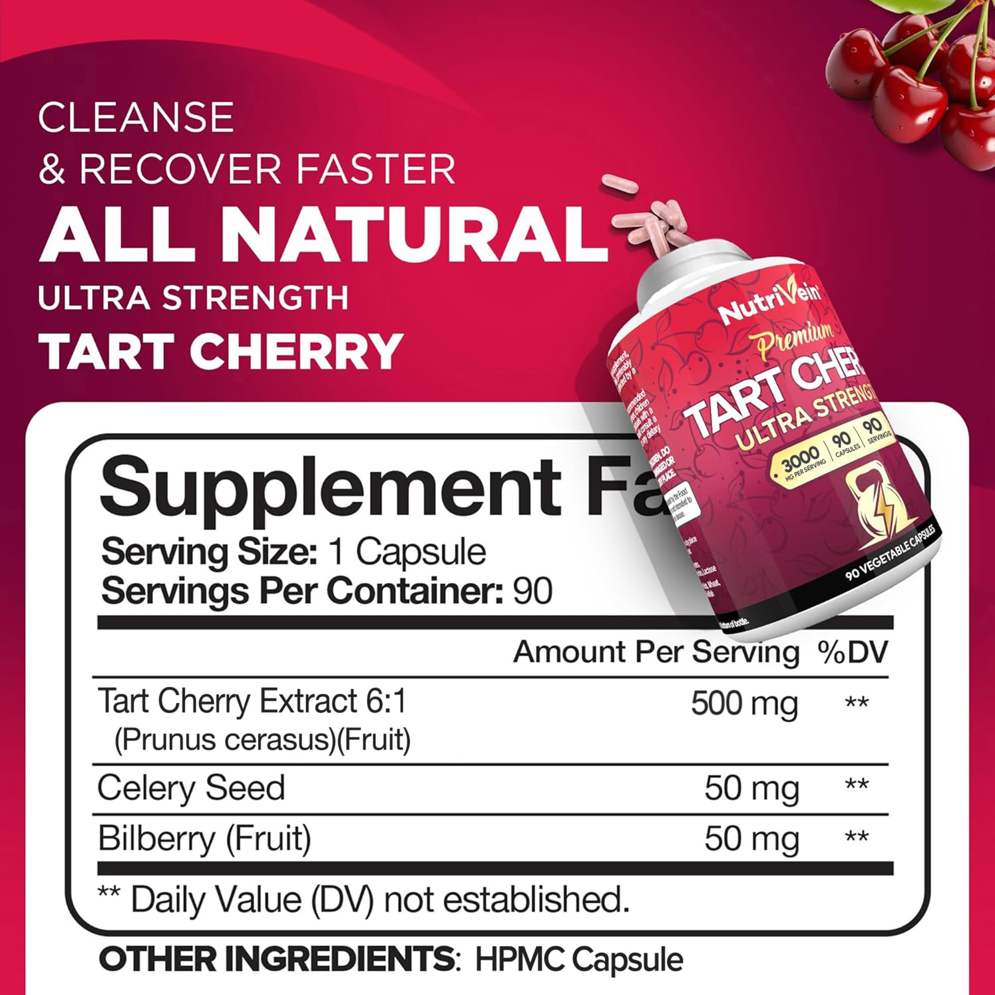 Nutrivein Tart Cherry(Tart kiraz) Recovery, Detox, Rest, & Mobility - 90 Caps - Görsel 3