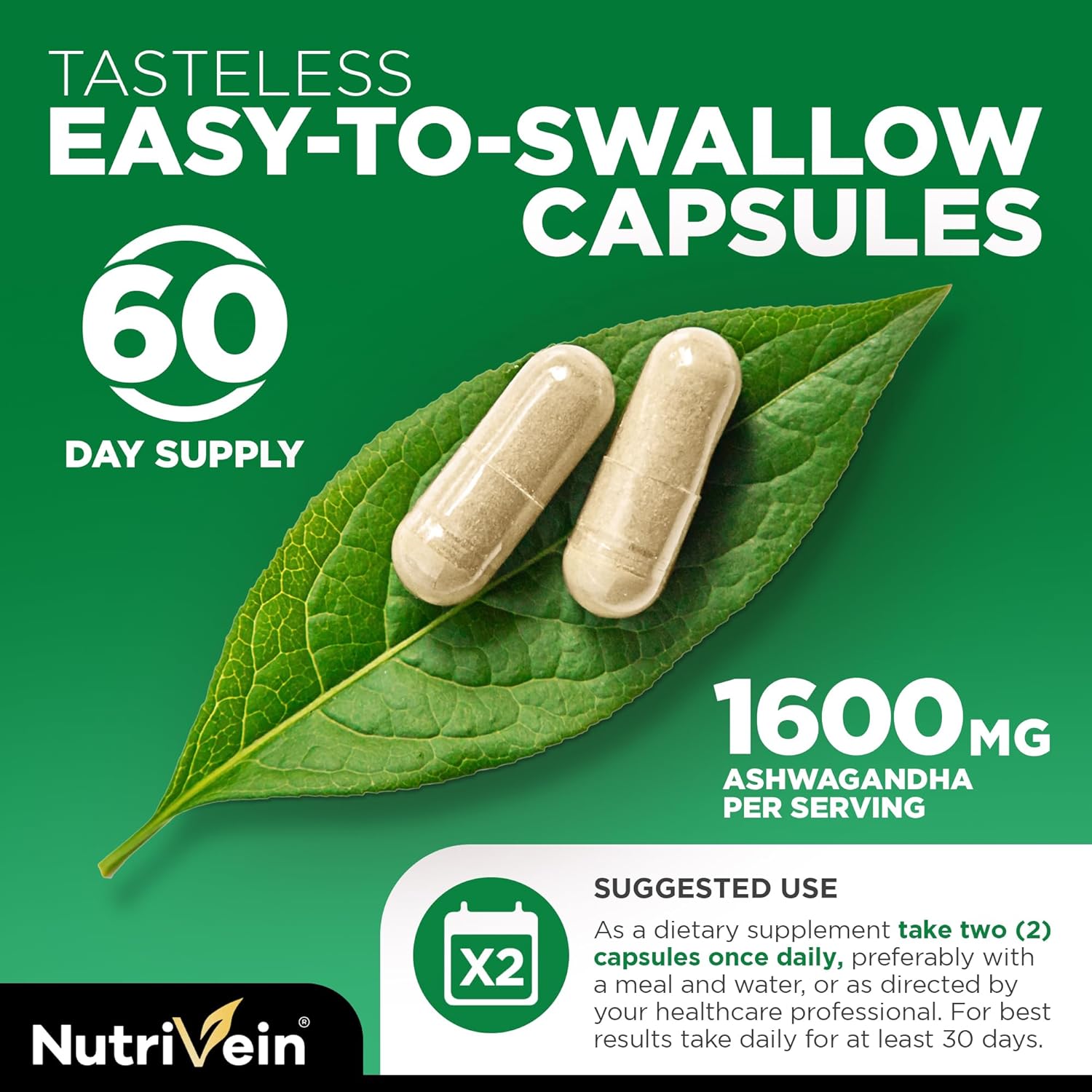 Nutrivein Organic Ashwagandha Capsules 1600mg with Black Pepper Extract - 120 Vegan Pills - 100% Pure Root Powder Supplement - Supports Stress Relief, Immune, Energy, Stamina & Mood - Görsel 4