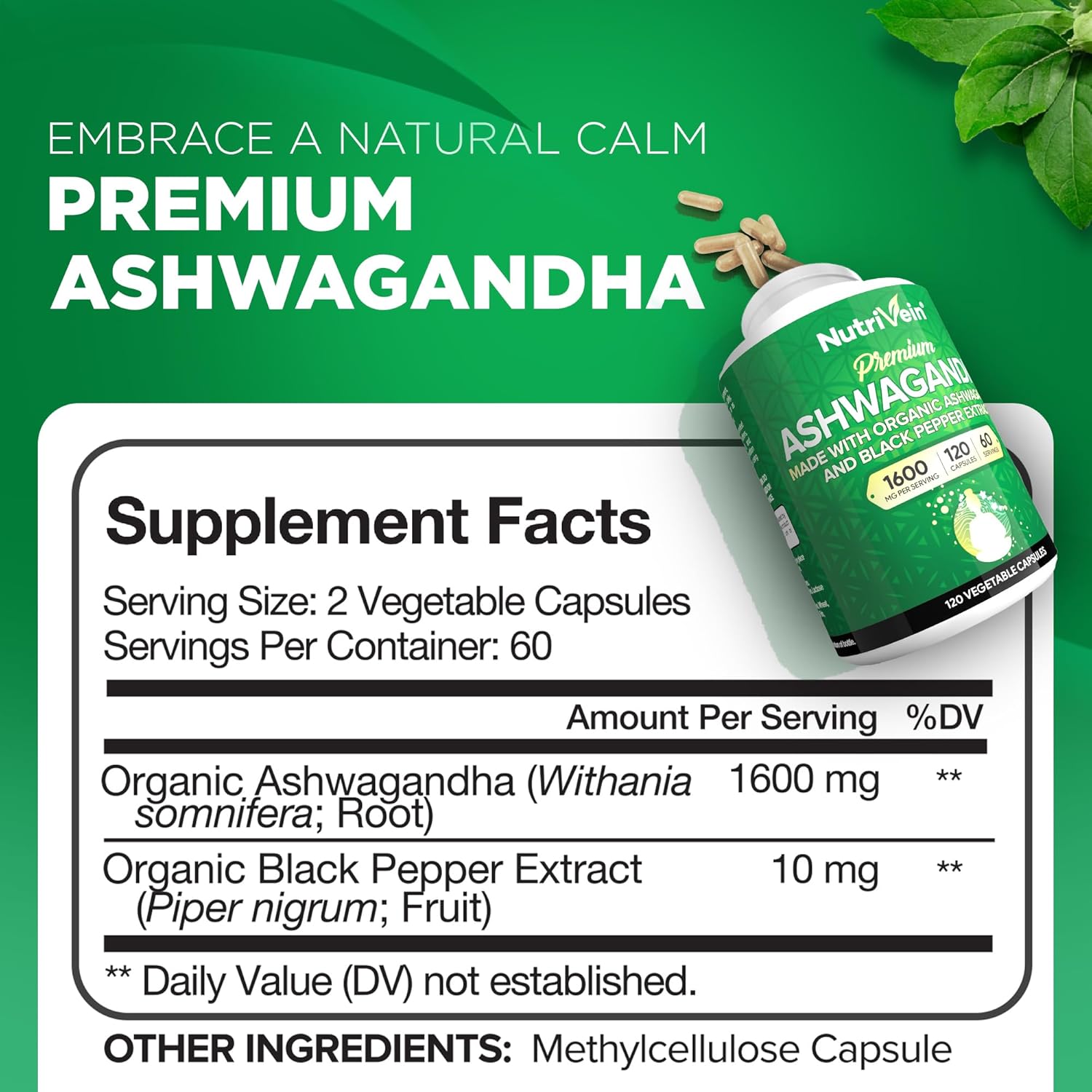 Nutrivein Organic Ashwagandha Capsules 1600mg with Black Pepper Extract - 120 Vegan Pills - 100% Pure Root Powder Supplement - Supports Stress Relief, Immune, Energy, Stamina & Mood - Görsel 5