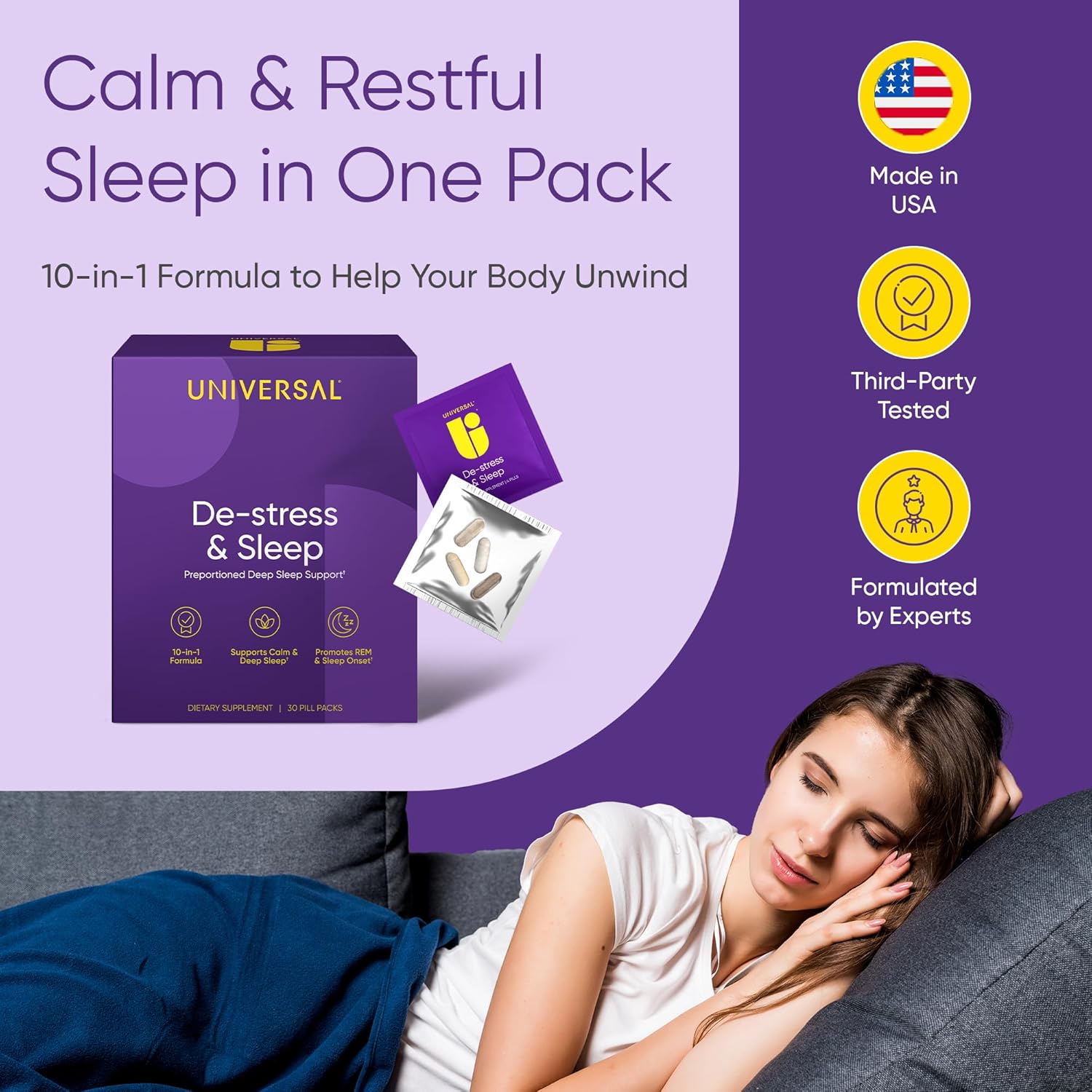 Universal U De-Stress & Sleep Multivitamin Ashwagandha & Theanine & Valerian Root & Melatonin 30 Pill Packs - Görsel 3