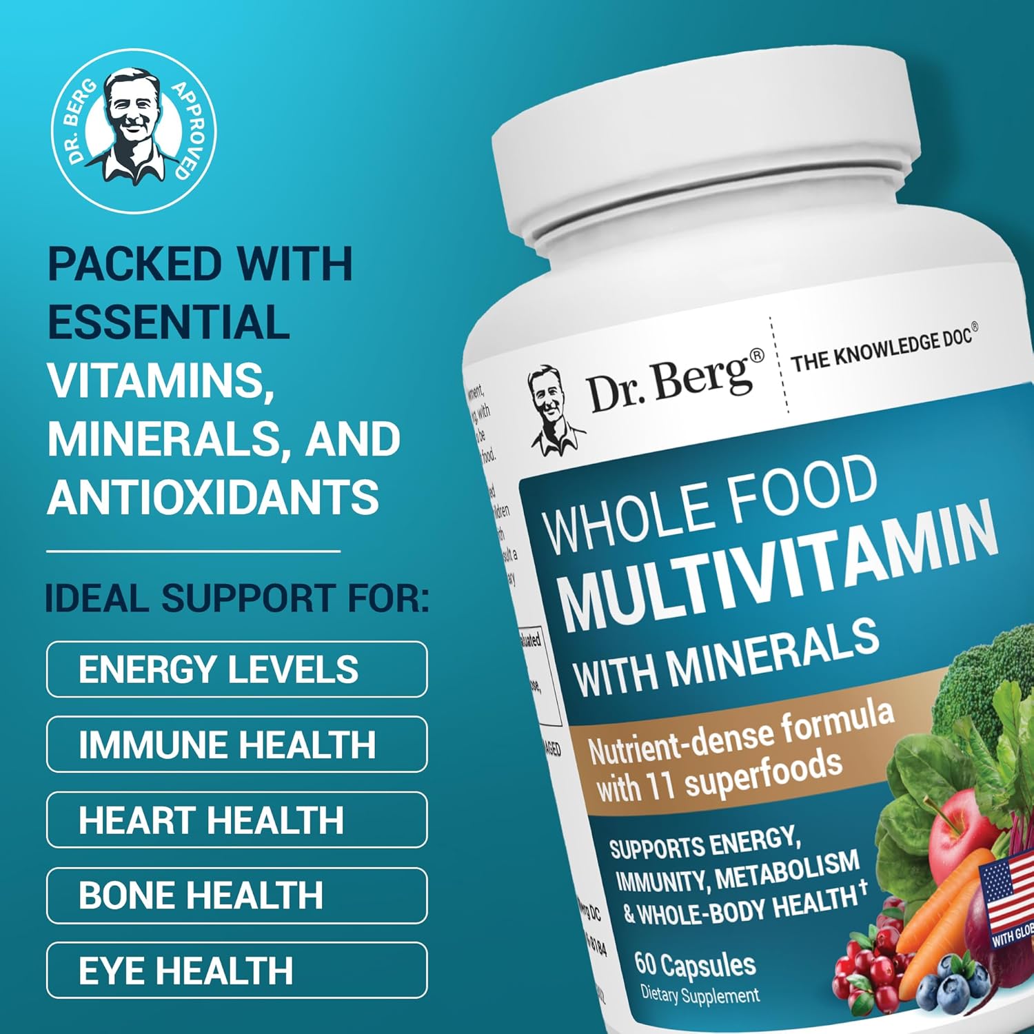 Dr. Berg Whole Food Multivitamin with Minerals Trace Mineral Benfotiamine Folate Alpha lipoic Acid 60 Caps