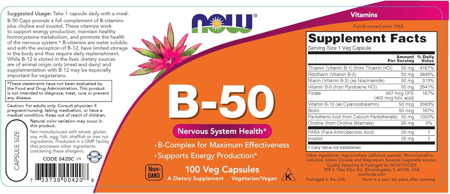 Now Foods Vitamin B-50mg Folate Paba Choline İnositol 100 Caps - Görsel 2