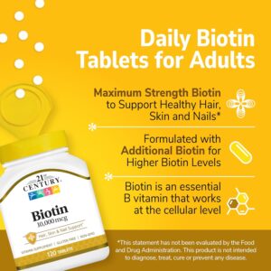 21st Century Biotin+Calcium Hair, Skin & Nail Support 10,000 mcg, Unflavored 120 Count