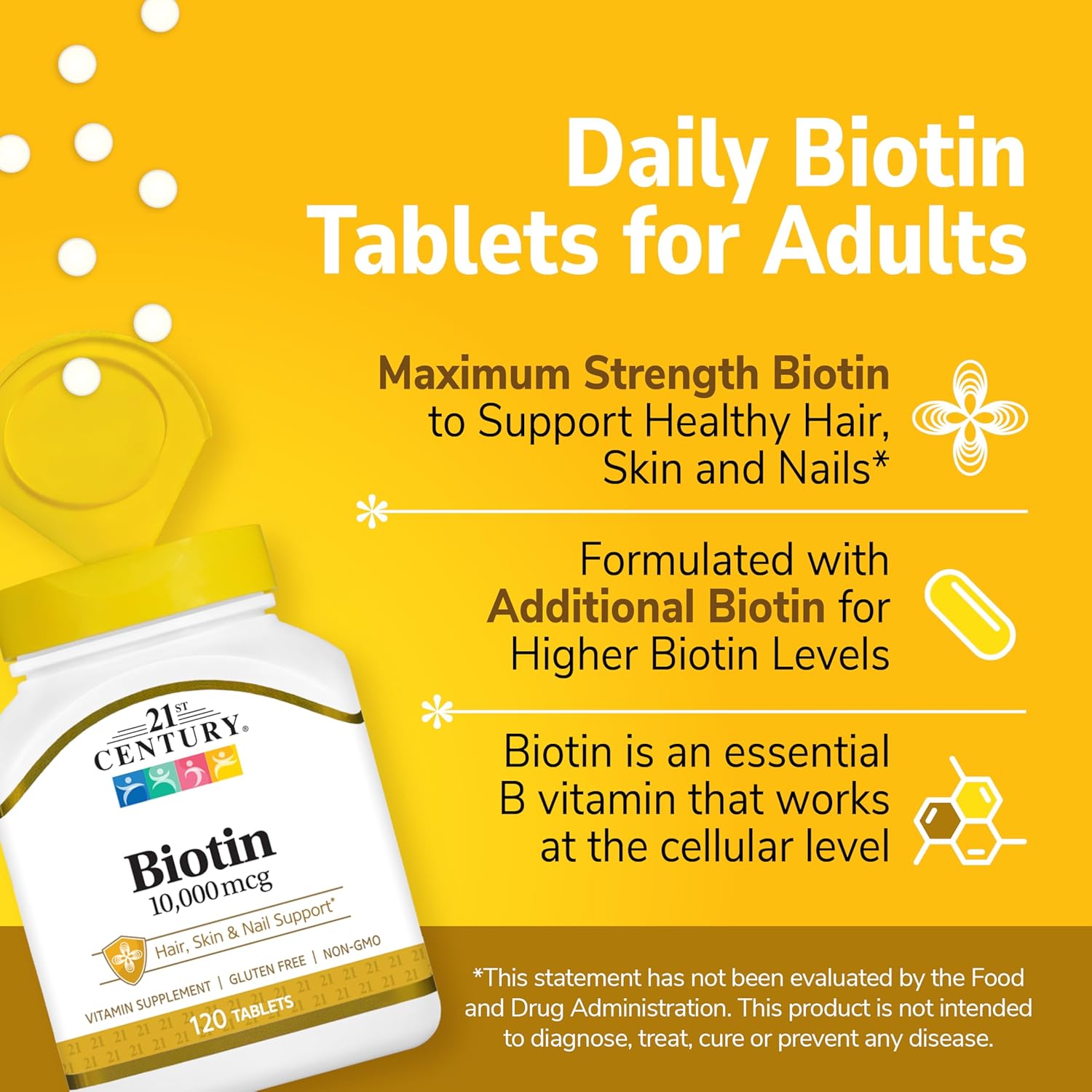 21st Century Biotin+Calcium Hair, Skin & Nail Support 10,000 mcg, Unflavored 120 Count - Görsel 2