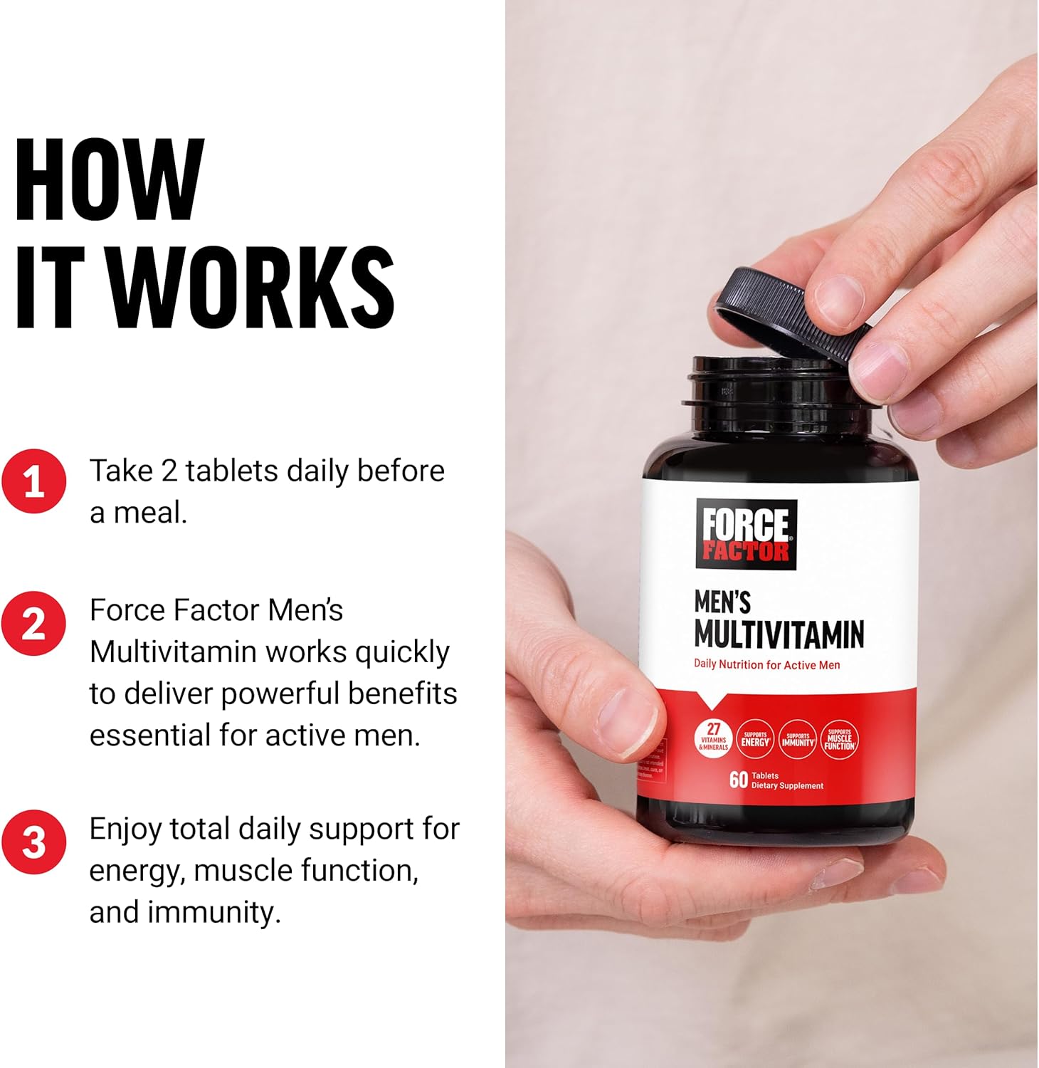Force Factor Men’s Multivitamin for Men Plus Amino Acids 27 Vitamins and Minerals Support Energy and Immunity 60 Tablet - Görsel 2