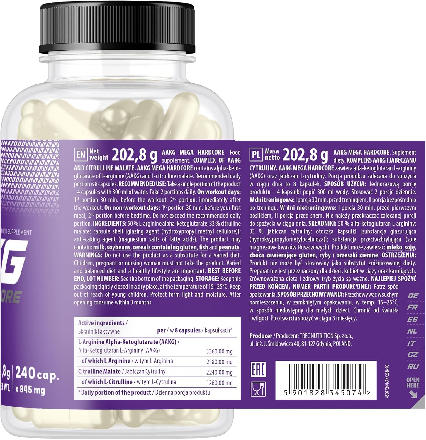 TREC Nutrition AAKG Nitric Oxide L-Arginine L-Citrulline Pump 240 Caps - Görsel 2