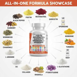 Clean Nutraceuticals Fisetin Quercetin Resveratrol Spermidine - Longevity with NAD Berberine Apigenin Anti Aging Cellular Health Support Caps 60 - Görsel 3