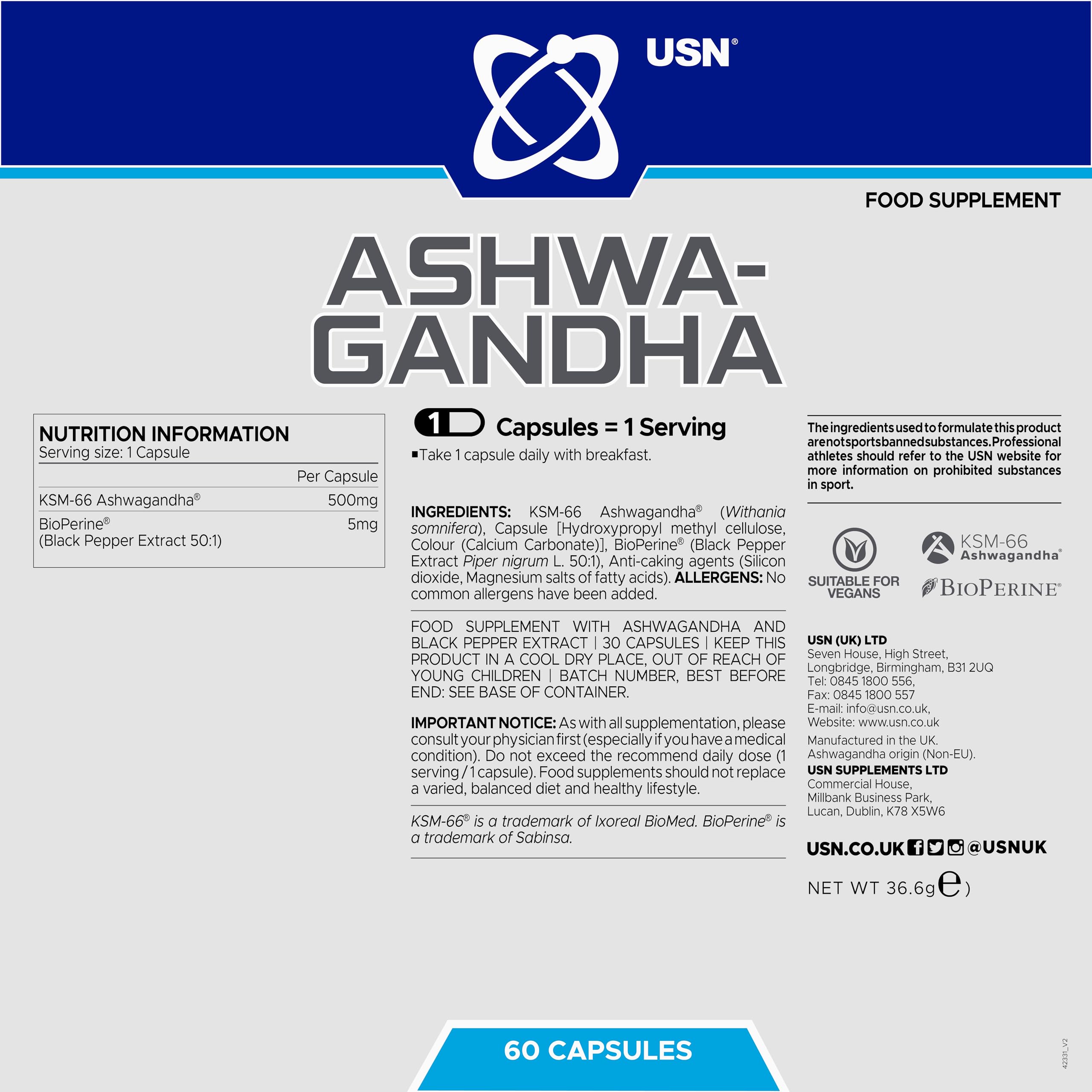 Usn Ashwagandha Ksm66 500 MG 60 Caps - Görsel 2