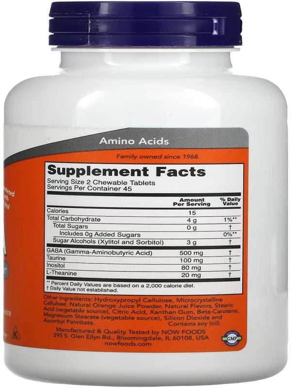 NOW Foods Chewable GABA+TAURİNE+THEANİNE+İNOSİTOL 700 Mg Natural Orange Flavor 90 Chewables - Görsel 2