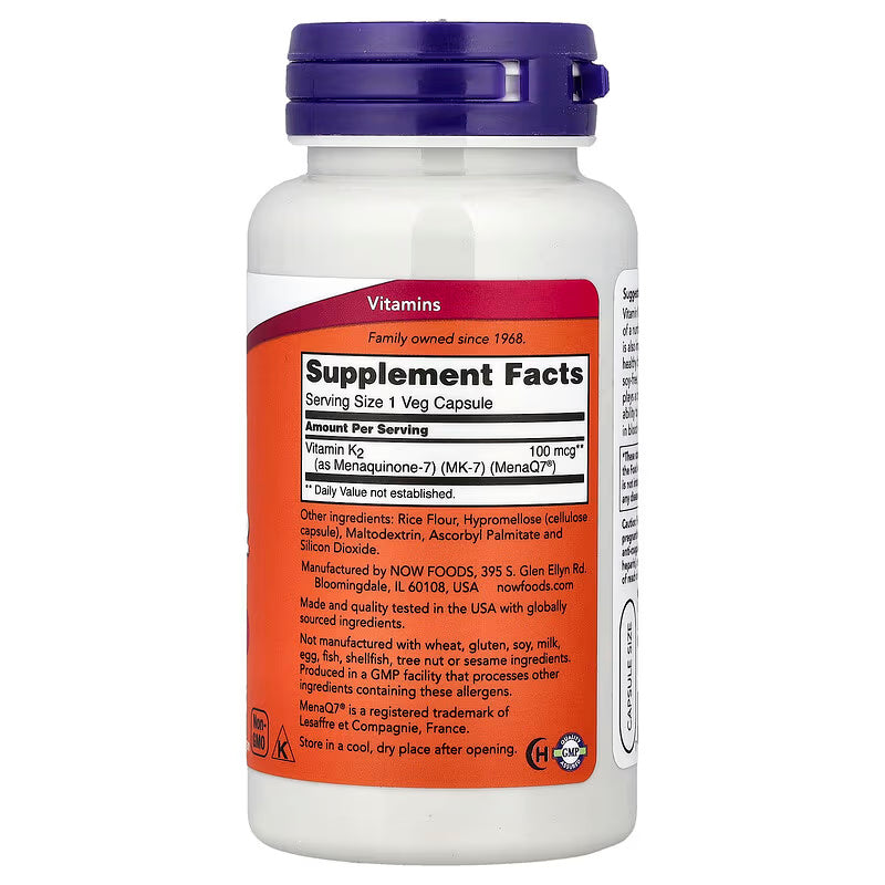 NOW Foods MK-7 Vitamin K-2 MenaQ7 100 mcg 120 Veg Capsules