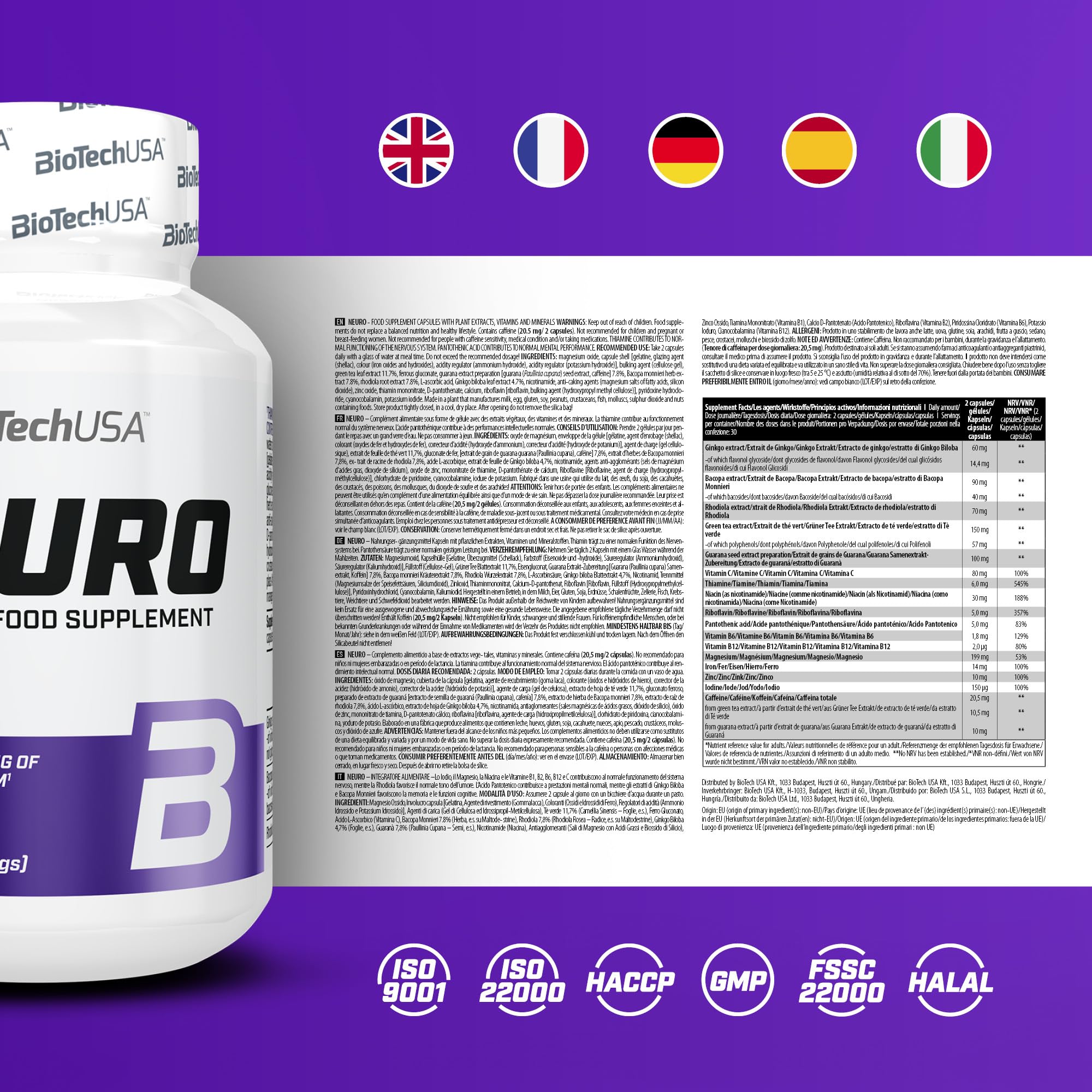 BioTech USA Neuro Vitamin nootropik+nootropics (Bacopa+Ginkgo biloba+Green tea+Niacin) 60 caps - Görsel 3