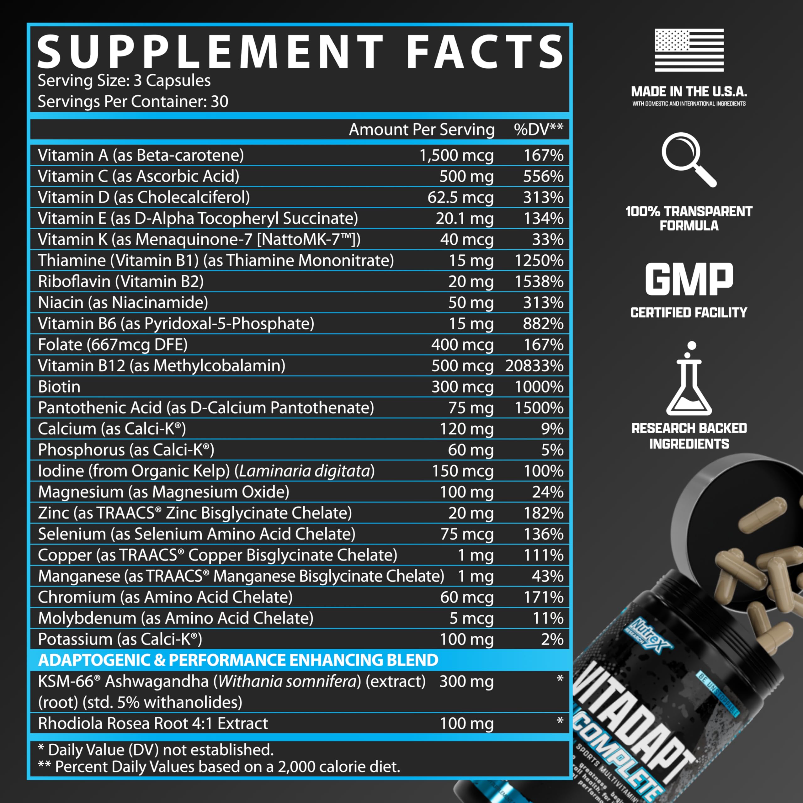 Nutrex Vitadapt 24 Multivitamin For men (Rhodiola rosea+Ksm66 Ashwagandha) 90 Caps - Görsel 2