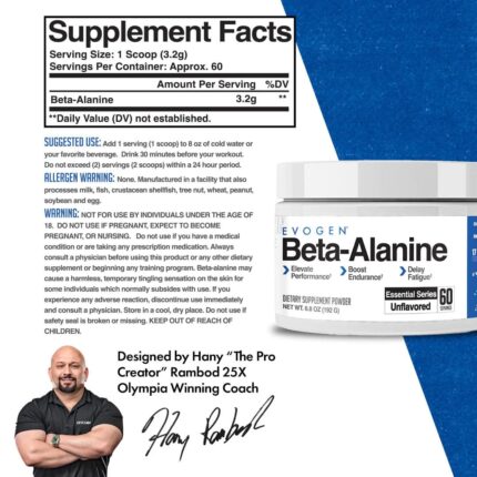 Evogen Beta Alanine Powder Performance Enhancer Boost Endurance, Delay Fatigue 60 Servis