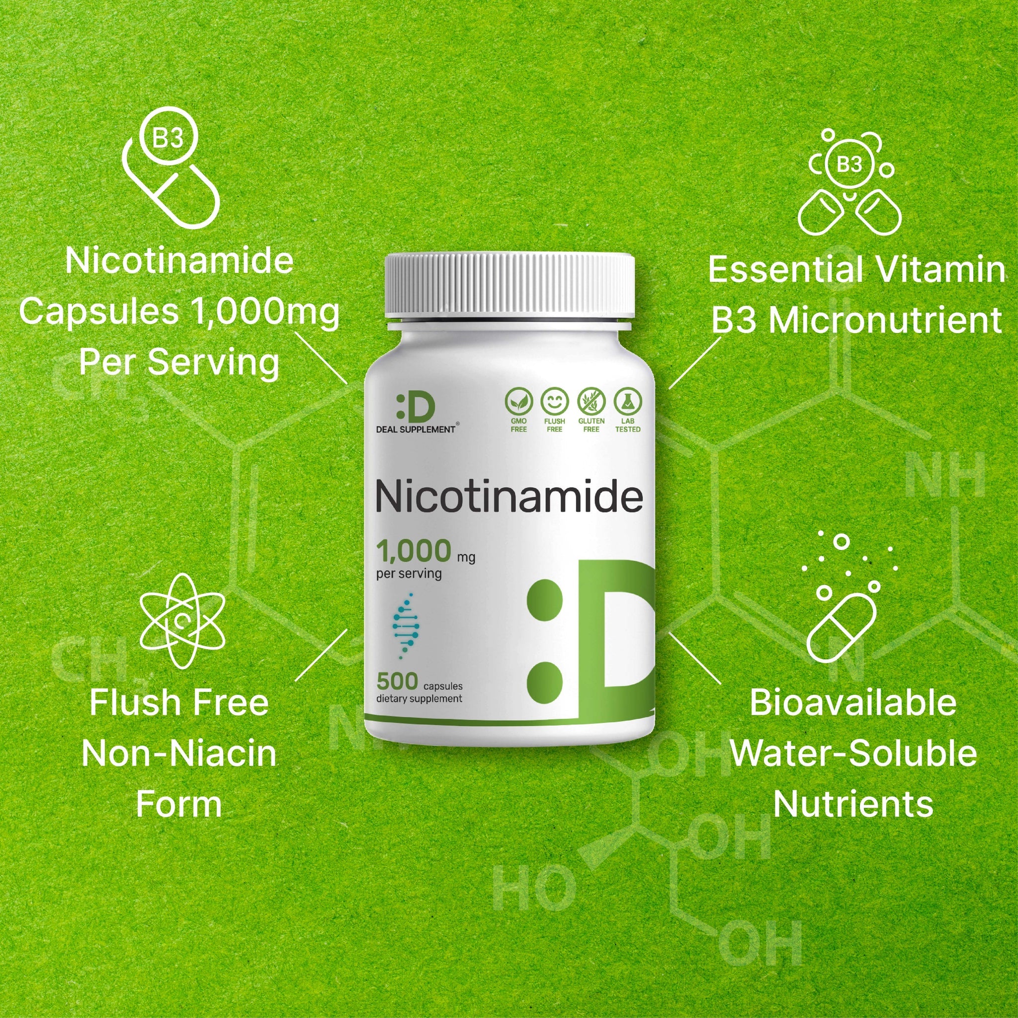 Deal Supplement Niacinamide Vitamin B3 1,000mg Per Serving, 500 Capsules - Cilt Sivılce desteği - Görsel 3