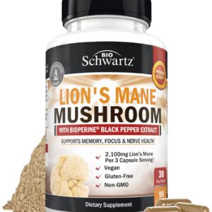 BioSchwartz Organic Lions Mane Mushrooms with BioPerine Nootropic Brain Memory Focus 90 Caps