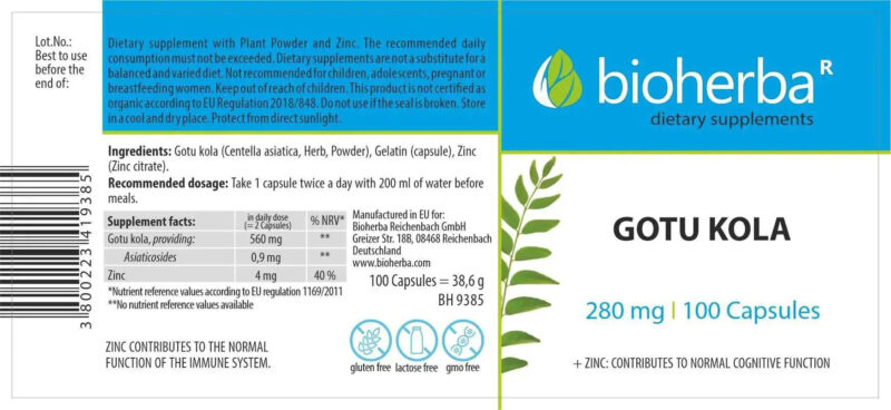 BİOHERBA GOTU KOLA 280 mg 100 capsules - Görsel 3