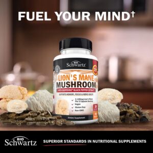 BioSchwartz Organic Lions Mane Mushrooms with BioPerine Nootropic Brain Memory Focus 90 Caps - Görsel 2