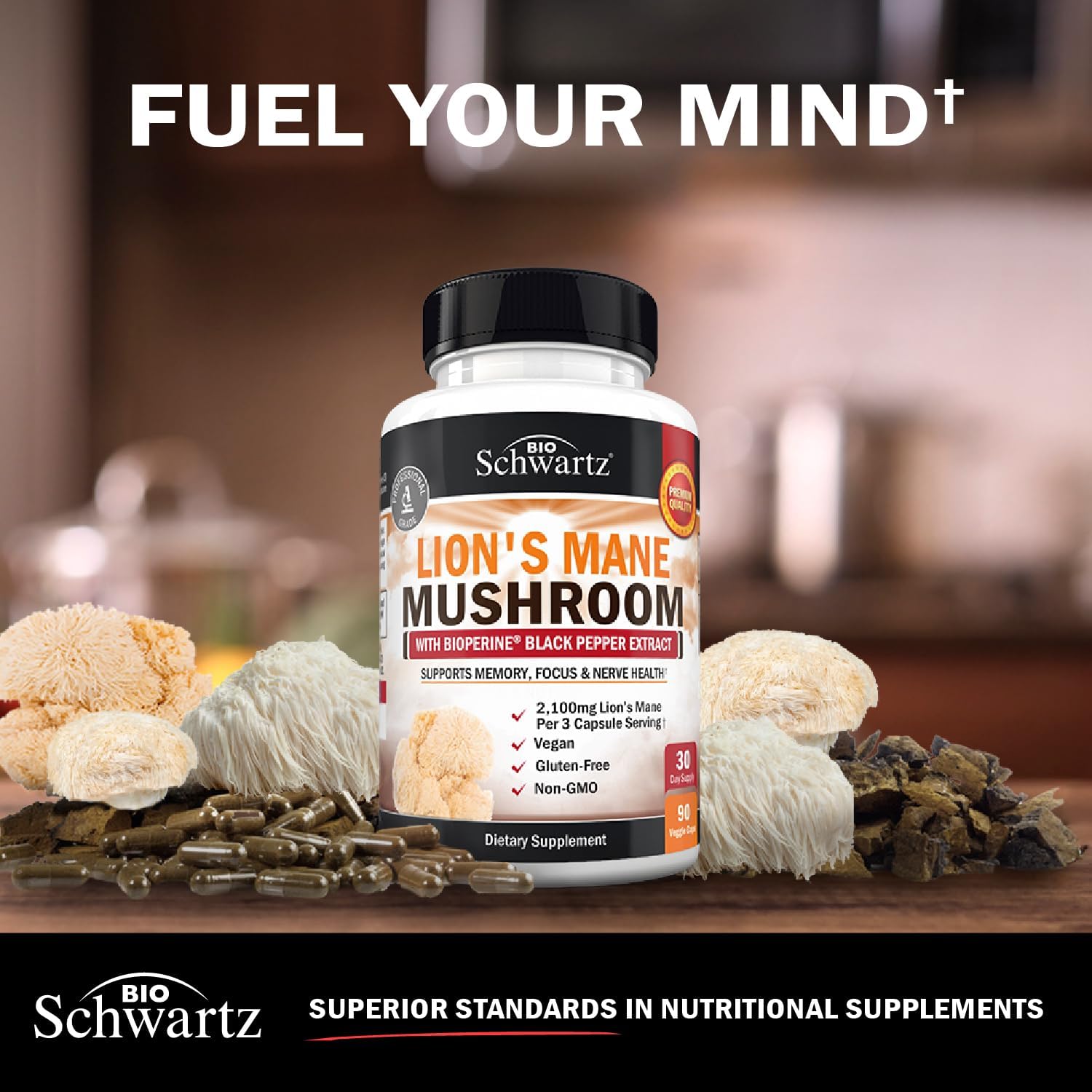 BioSchwartz Organic Lions Mane Mushrooms with BioPerine Nootropic Brain Memory Focus 90 Caps