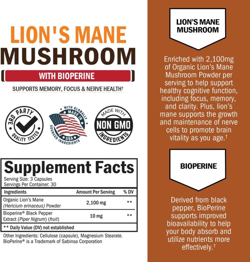 BioSchwartz Organic Lions Mane Mushrooms with BioPerine Nootropic Brain Memory Focus 90 Caps - Görsel 4