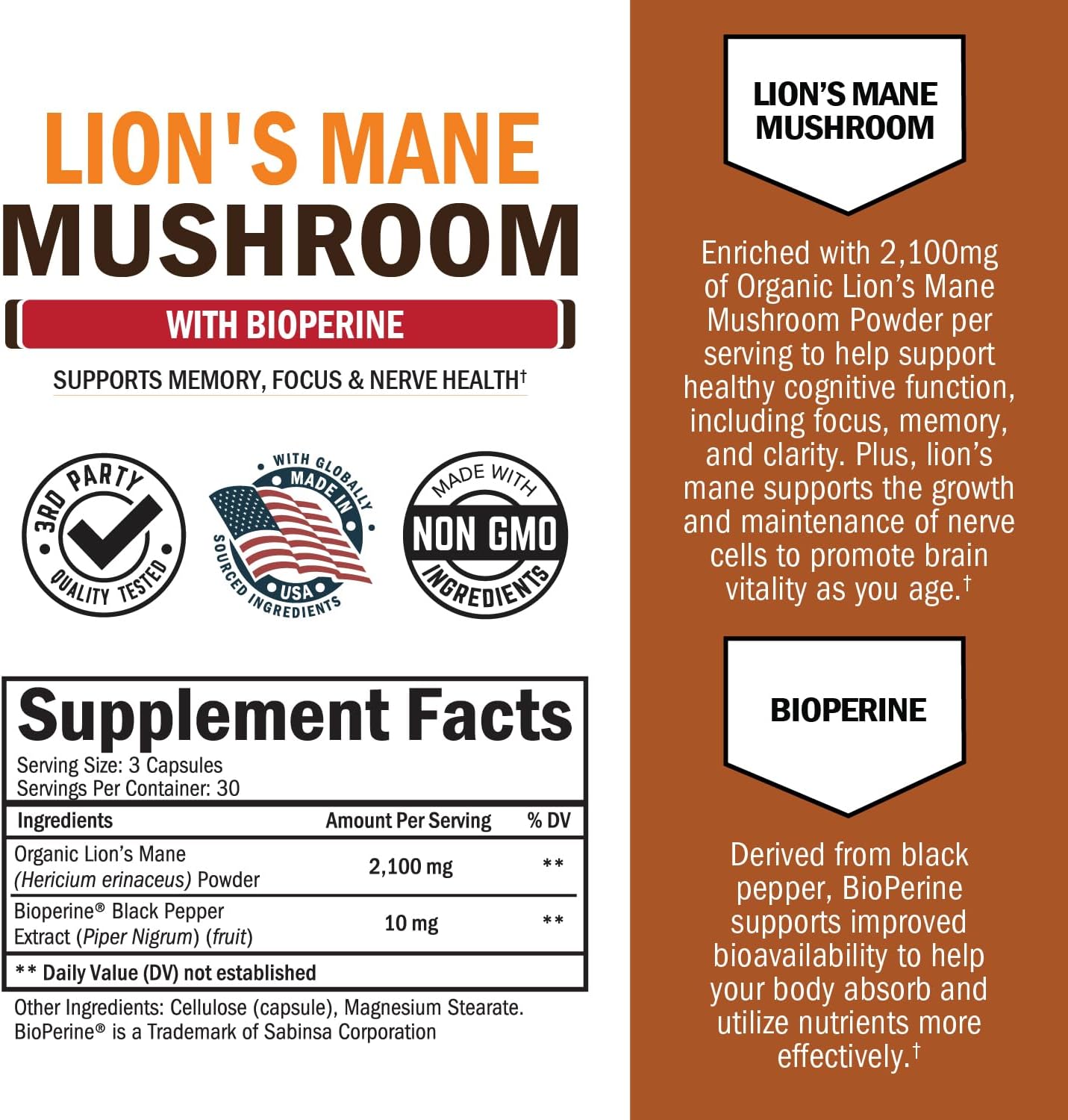 BioSchwartz Organic Lions Mane Mushrooms with BioPerine Nootropic Brain Memory Focus 90 Caps - Görsel 4