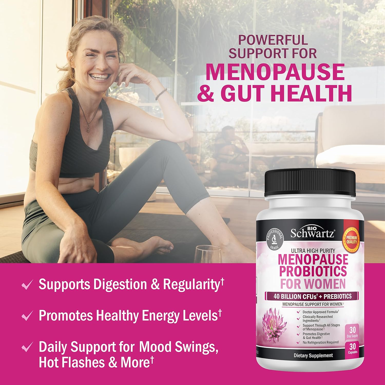 BioSchwartz Menopause Women - 40 Billion CFU Probiotics Hot Flashes Night Sweats Mood Swings and Balance 60 Caps - Görsel 3