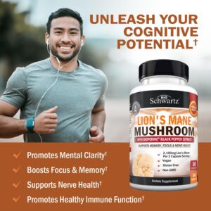 BioSchwartz Organic Lions Mane Mushrooms with BioPerine Nootropic Brain Memory Focus 90 Caps - Görsel 3