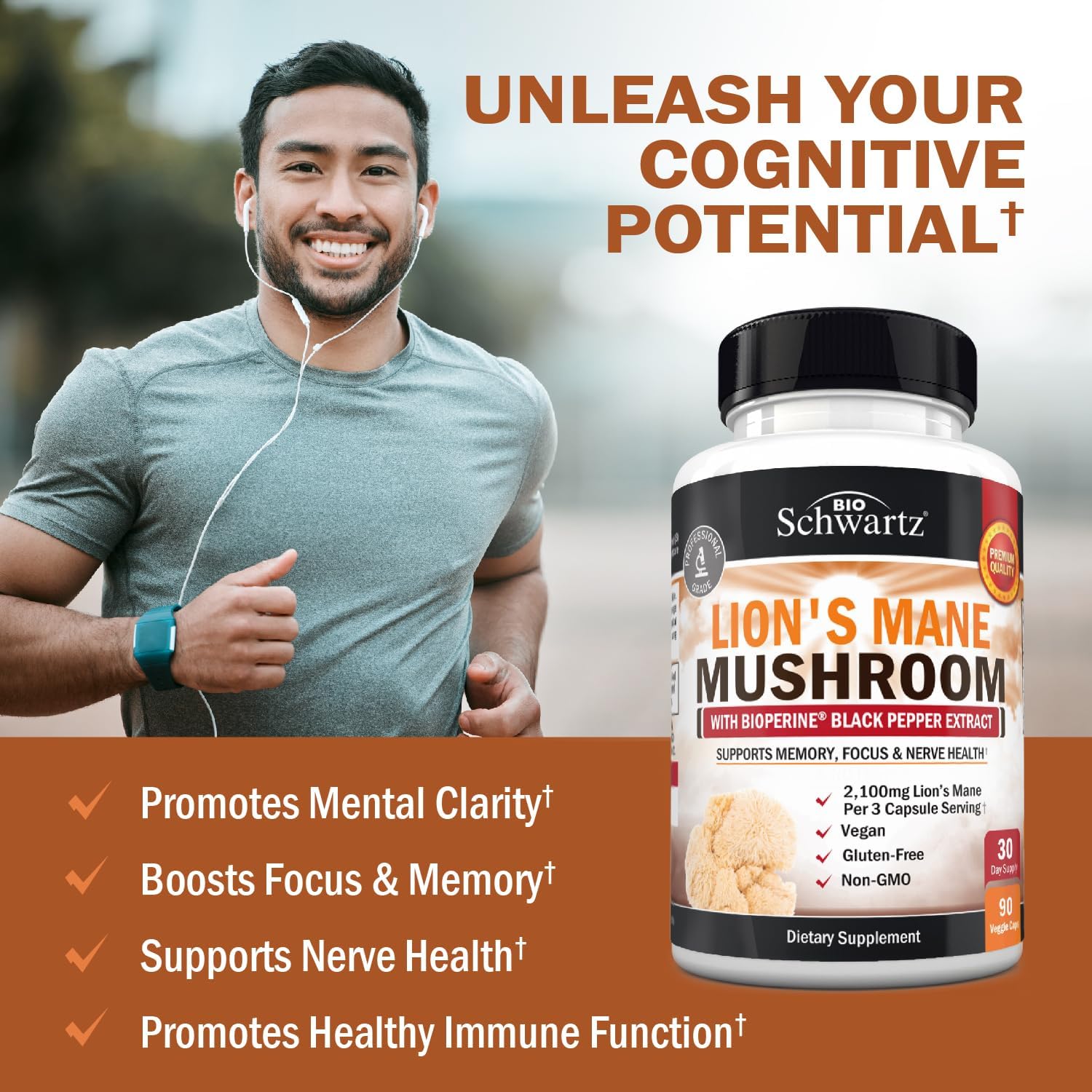 BioSchwartz Organic Lions Mane Mushrooms with BioPerine Nootropic Brain Memory Focus 90 Caps - Görsel 3