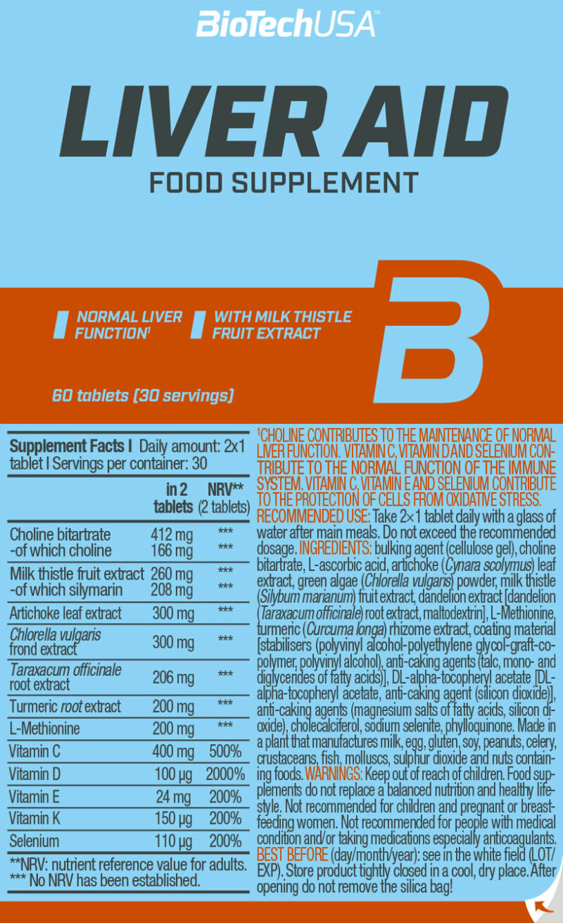 BIOTECH Liver Aid (Turmeric root + Milk thistle + Choline bitartrate + Vitamin C + Vitamin D) 60 tab - Görsel 2