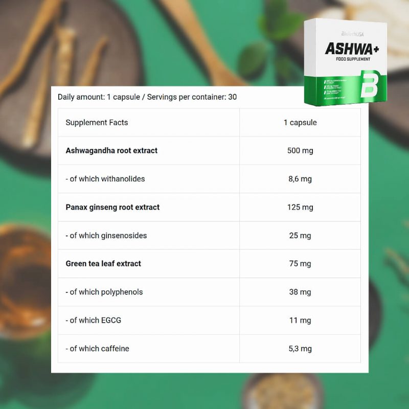 Biotech USA Ashwagandha+Panax Ginseng+Egcg+Caffeine+Green Tea 700Mg - 30 caps - Görsel 3