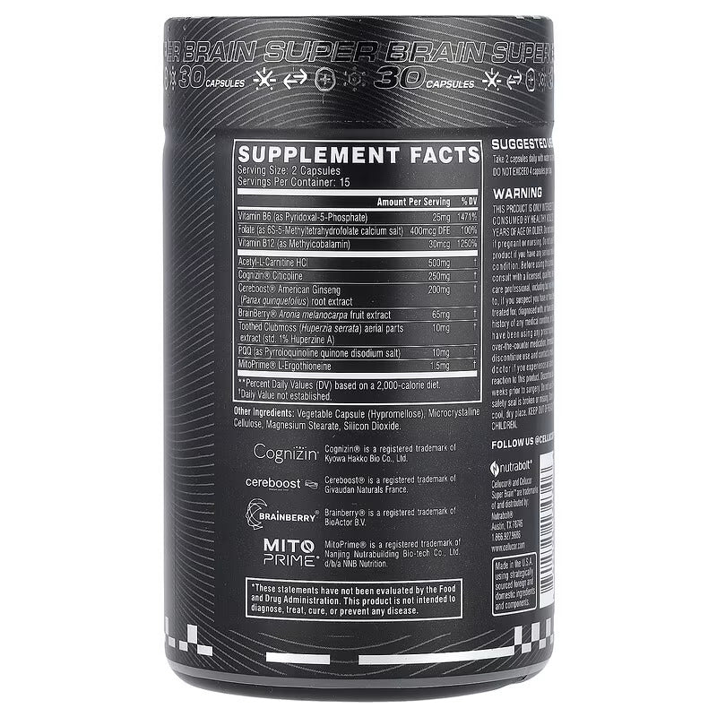 Cellucor Super Brain Cognitive Focus Vitamin B12 Folate Acetyl-L-Carnitine Cognizin Citicoline PQQ 30 Caps - Görsel 2