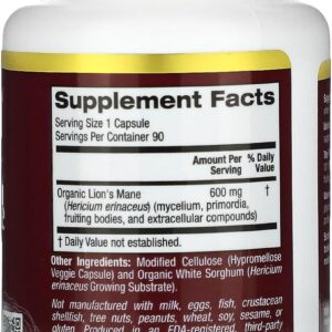 California Gold Nutrition Organic Lion’s Mane Mushrooms Brain & Cognitive 90 PlantCaps