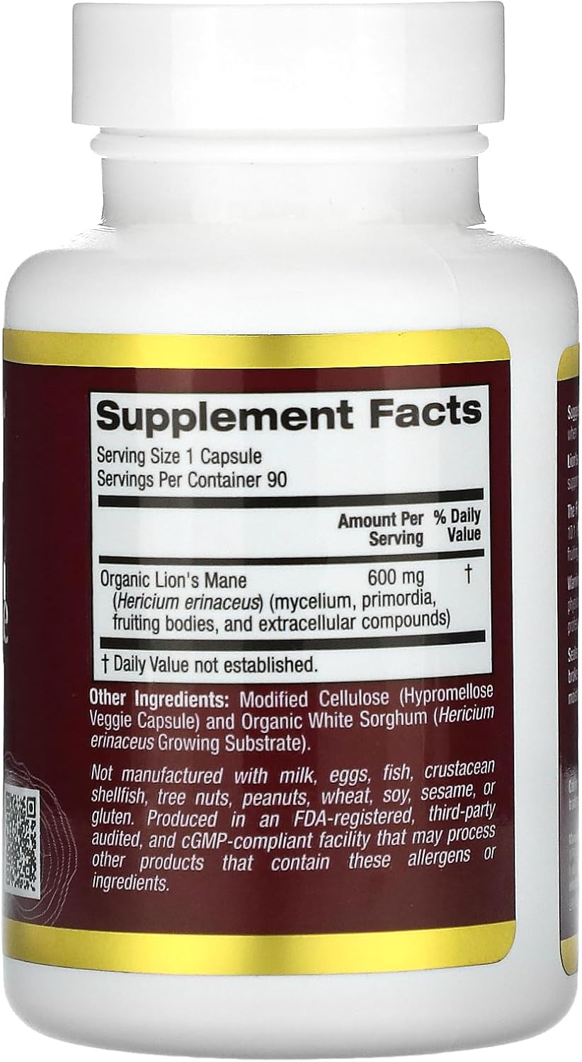 California Gold Nutrition Organic Lion's Mane Mushrooms Brain & Cognitive 90 PlantCaps - Görsel 2