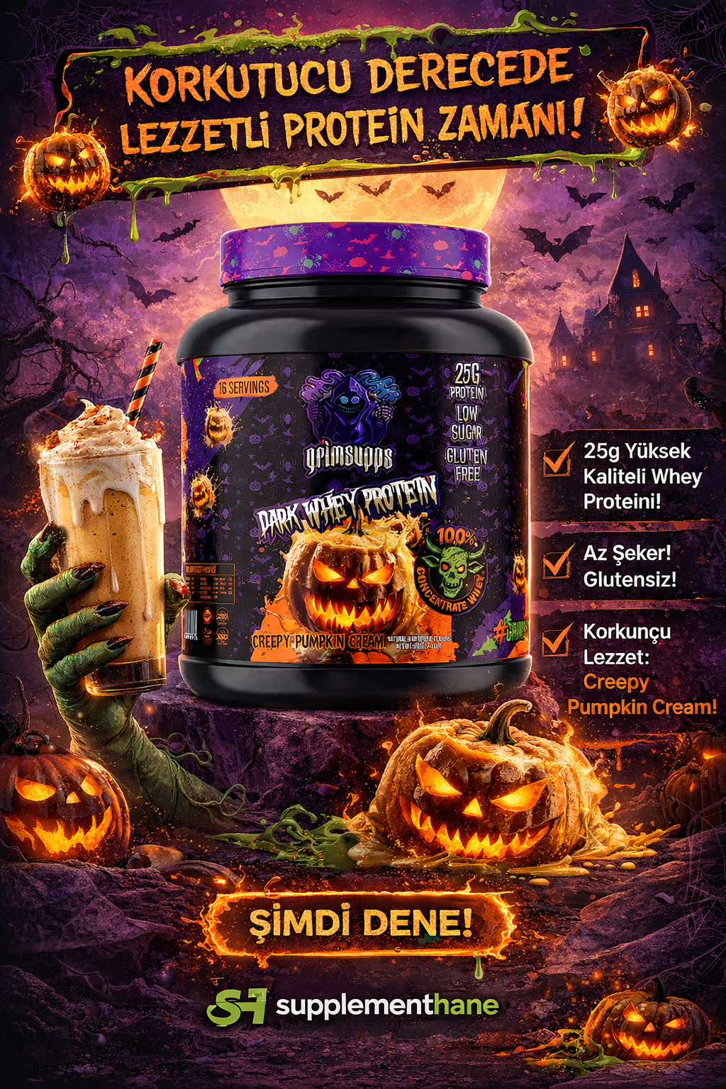 Grimsupps Dark Whey Protein Tozu 528g - Creepy Pumpkin Cream - 25g Protein - Görsel 2