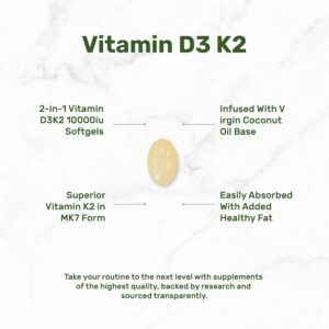 DEAL SUPPLEMENT Vitamin D3 10,000 IU + K2 MK7 200mcg  Coconut Oil  Heart Bone Teeth & Immune Health 250 Softgels - Görsel 3