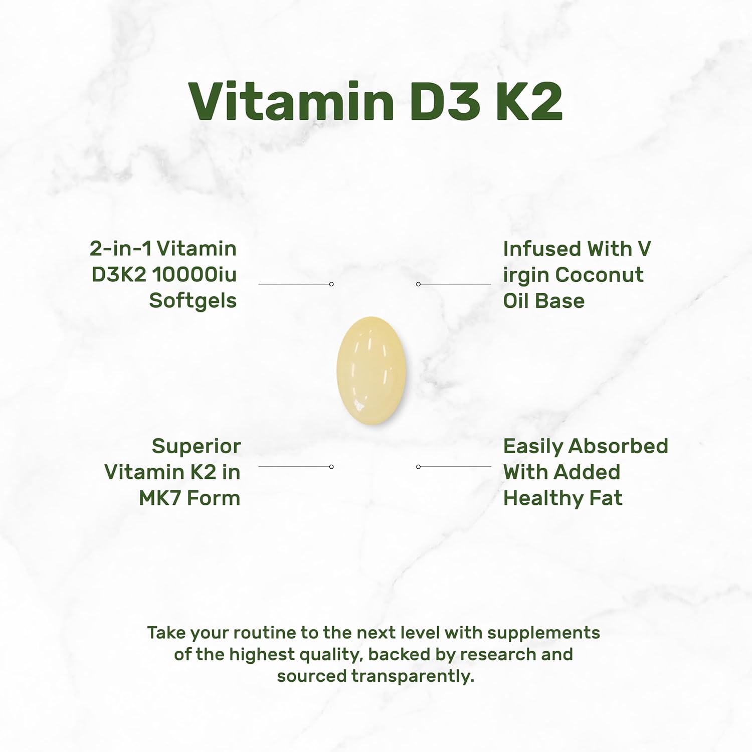 DEAL SUPPLEMENT Vitamin D3 10,000 IU + K2 MK7 200mcg Coconut Oil Heart Bone Teeth & Immune Health 250 Softgels - Görsel 3