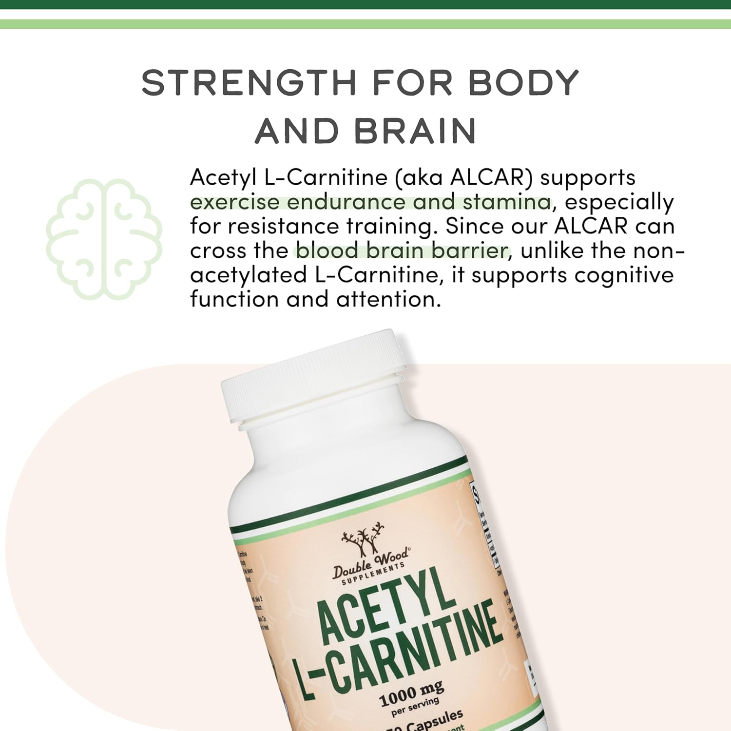 Double Wood Acetyl L-Carnitine ALCAR for Brain Memory Function Support 1,000mg 150 Caps - Görsel 2