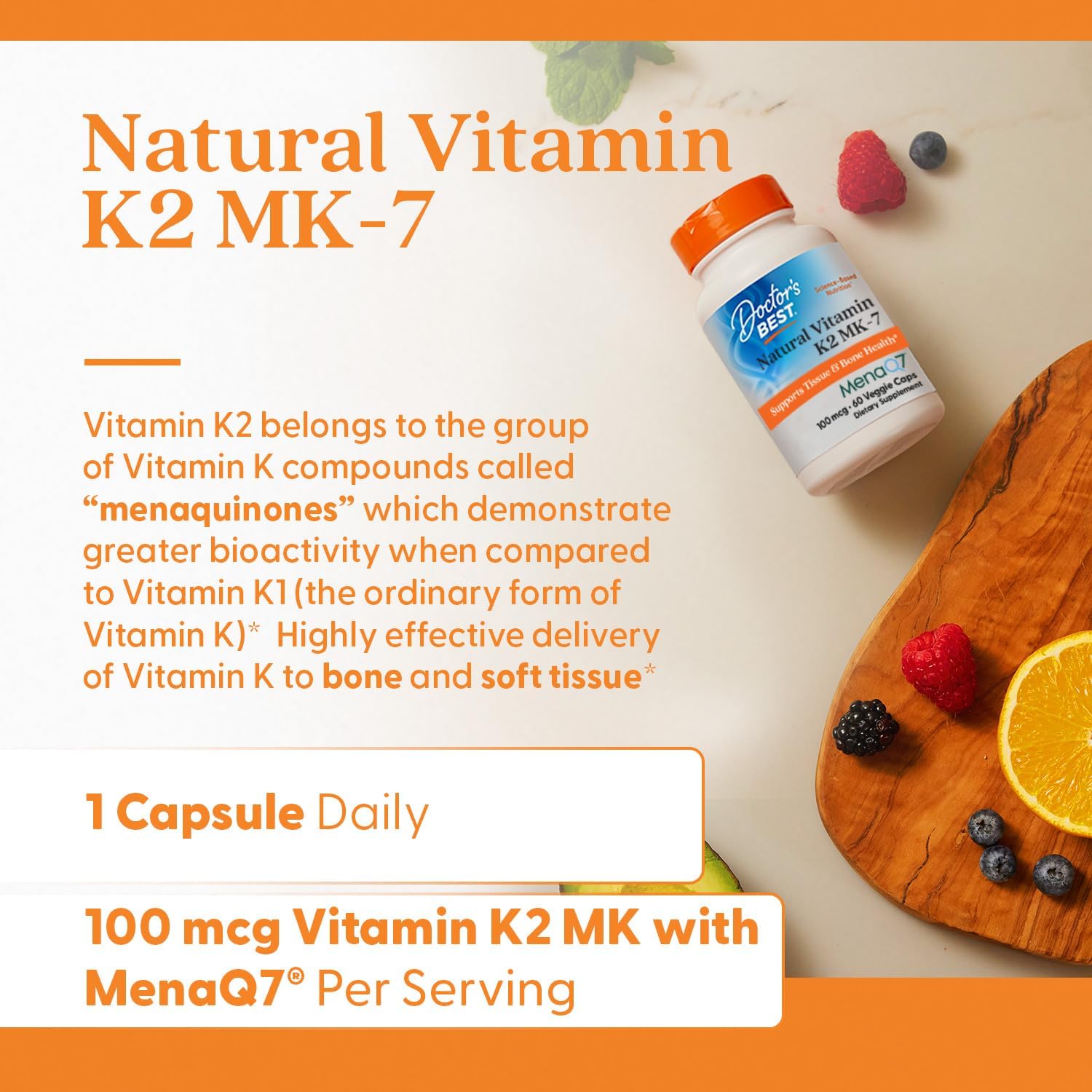 Doctor’s Best Natural Vitamin K2 MK7 Men & Women – Bone Health 100 mcg MenaQ7 Calcium 60 Veg