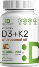DEAL SUPPLEMENT Vitamin D3 10,000 IU + K2 MK7 200mcg Coconut Oil Heart Bone Teeth & Immune Health 250 Softgels