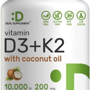 DEAL SUPPLEMENT Vitamin D3 10,000 IU + K2 MK7 200mcg  Coconut Oil  Heart Bone Teeth & Immune Health 250 Softgels