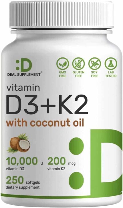 DEAL SUPPLEMENT Vitamin D3 10,000 IU + K2 MK7 200mcg Coconut Oil Heart Bone Teeth & Immune Health 250 Softgels