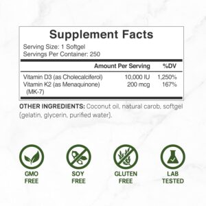 DEAL SUPPLEMENT Vitamin D3 10,000 IU + K2 MK7 200mcg  Coconut Oil  Heart Bone Teeth & Immune Health 250 Softgels - Görsel 4