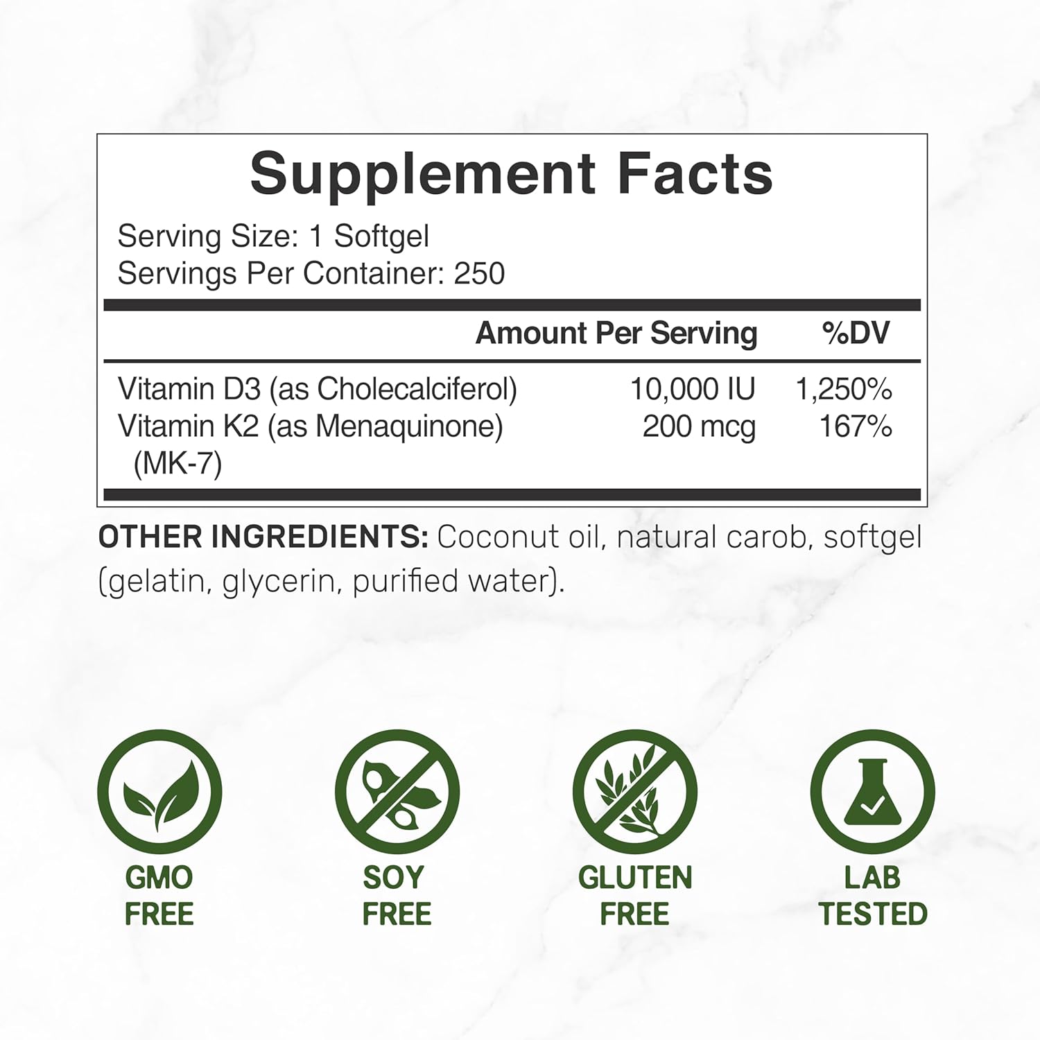 DEAL SUPPLEMENT Vitamin D3 10,000 IU + K2 MK7 200mcg Coconut Oil Heart Bone Teeth & Immune Health 250 Softgels - Görsel 4