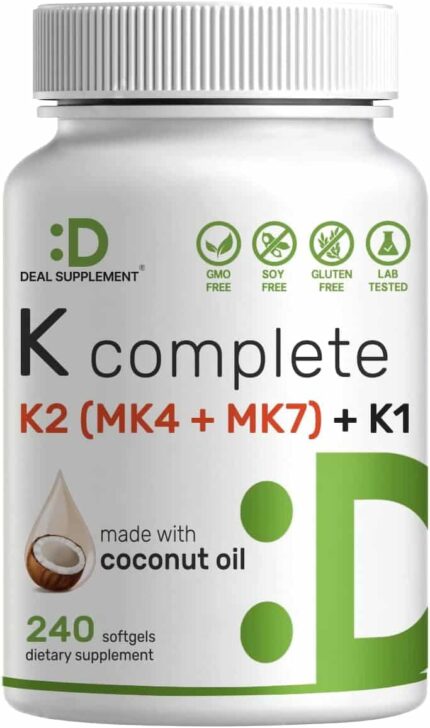 DEAL SUPPLEMENT Vitamin K 1 - K2 Complete MK-7 and MK-4 Bone Joint Immune Support 240 Coconut Oil Softgels