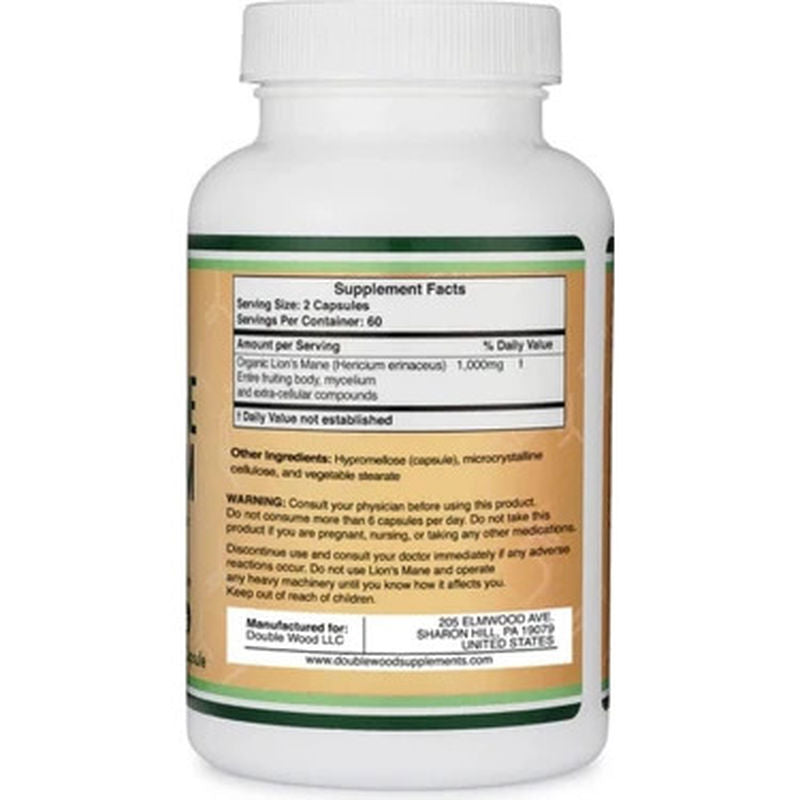 DOUBLE WOOD Organic Lions Mane Mushroom Capsules Brain Support and Immune Health 120 Caps - Görsel 2