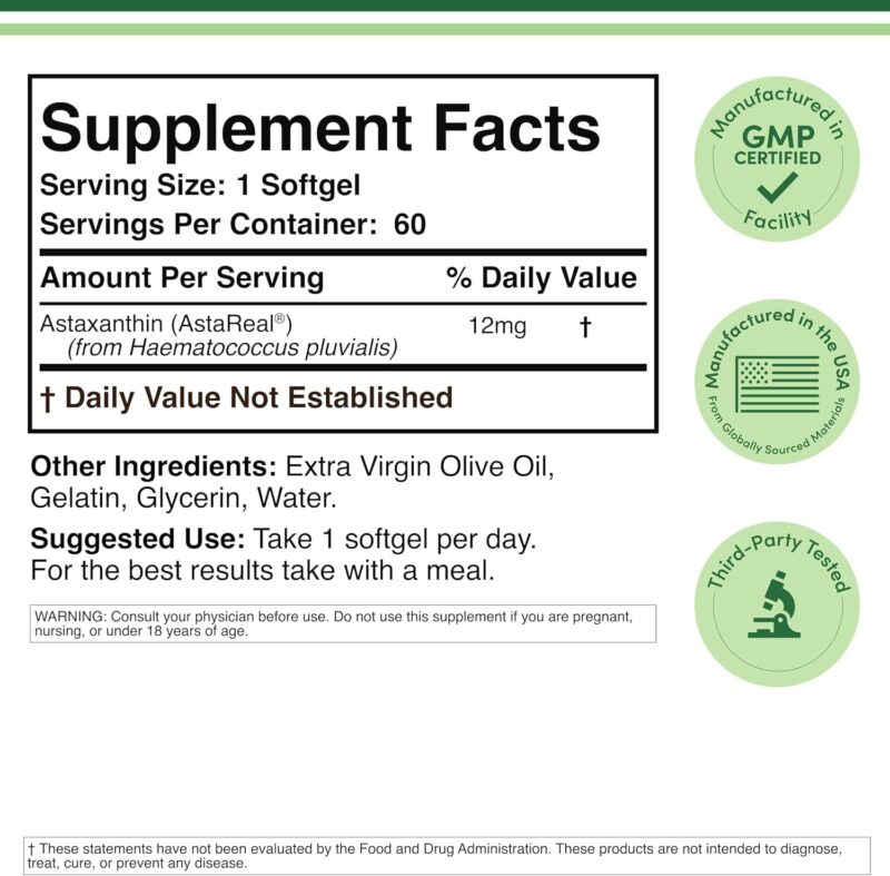 Double wood Astaxanthin 12mg Max Strength Antioksidan Eye Skin Health 60 Softgels - Görsel 4