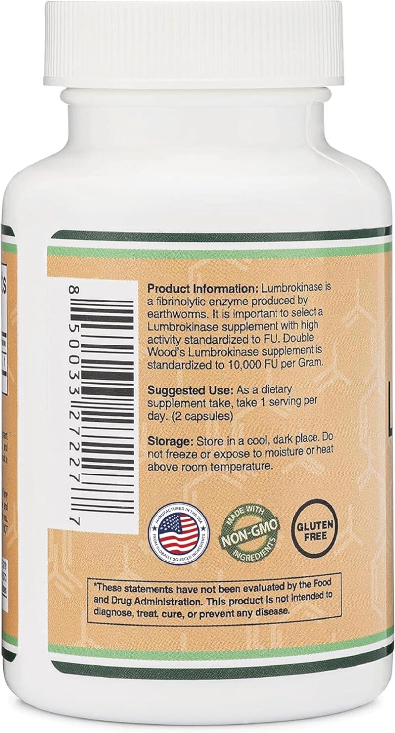 Double Wood Lumbrokinase Enzymes 10,000 FU Cardiovascular and Blood Circulation Support 120 Caps - Görsel 3