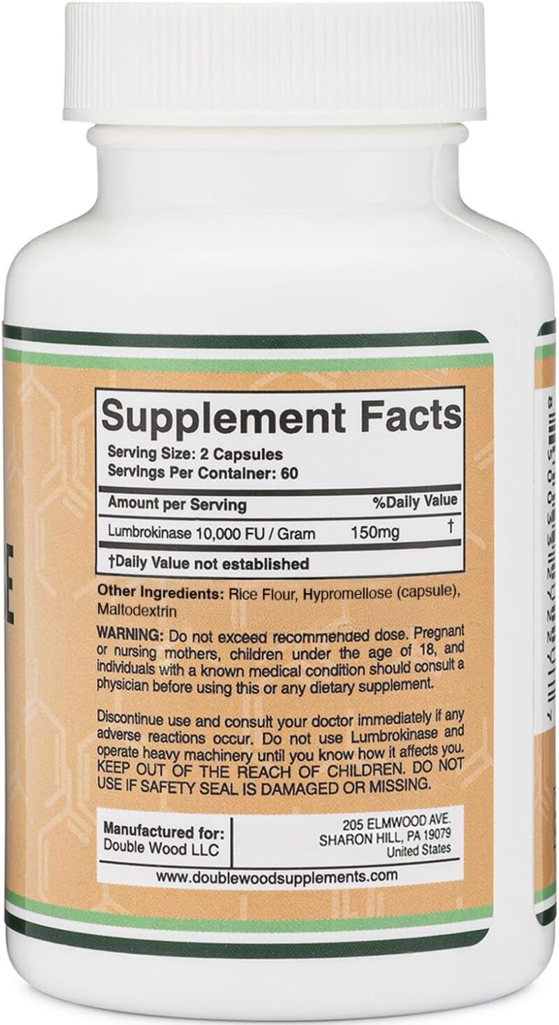 Double Wood Lumbrokinase Enzymes 10,000 FU Cardiovascular and Blood Circulation Support 120 Caps - Görsel 2